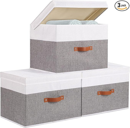 Fabric Storage Bins with Lids, 3 Pack Linen Foldable Cloth Baskets, 15 x 9.8 x 9.8 Inch Closet Organizer Containers with Double Handles, Sweater Boxes for Bedroom, White and Grey-NeatNest