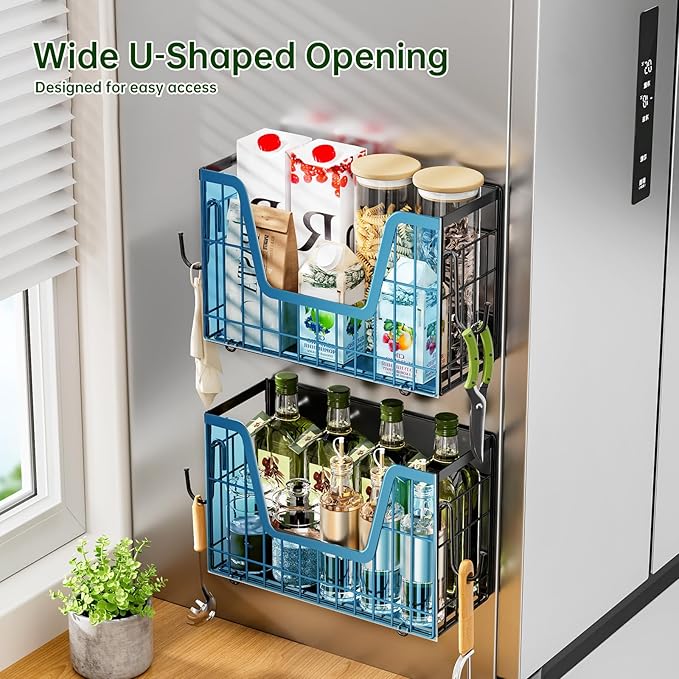 Heavy Duty Magnetic Shelf for Fridge(2-Pack), Magnetic Storage Basket, No Assembly Space Saving Fridge Organizer for Fruits, Veggies, Snacks & Laundry