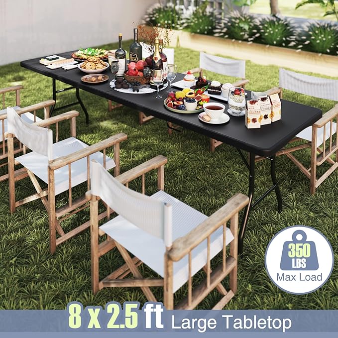 Goplus 8ft Plastic Folding Table, 350 LBS Outdoor Heavy Duty Folding Tables with HDPE Tabletop, Handle, Lock, Foldable Rectangle Portable Utility Card Table for Picnic, Party, Camping, Dining-NeatNest