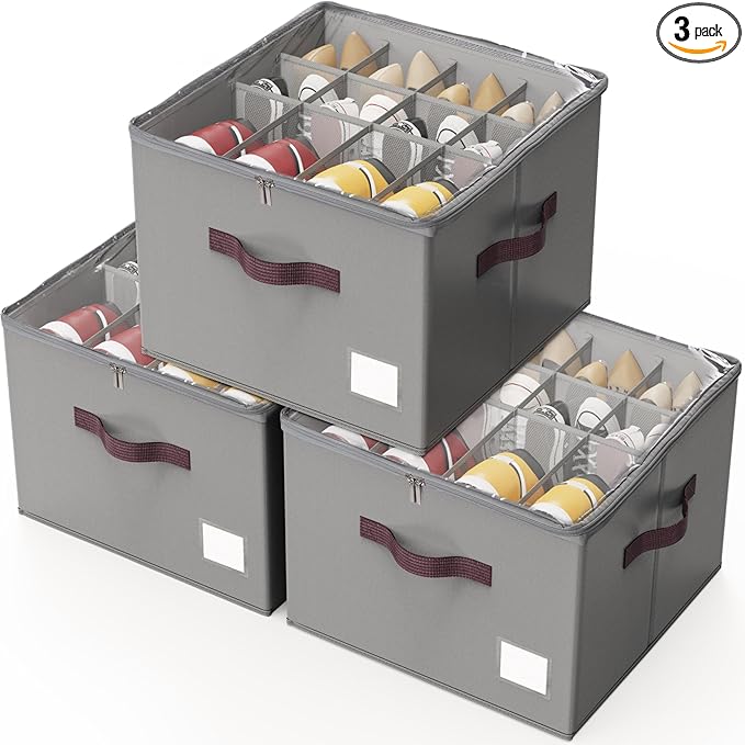 Criusia Shoe Organizer for Closet, 3 Pack Shoe Organizer with Transparent Cover and Sturdy Handles, Closet Shoe Storage for Sneakers Sandals Slippers, Fit 12-16 Pairs, Gray-NeatNest