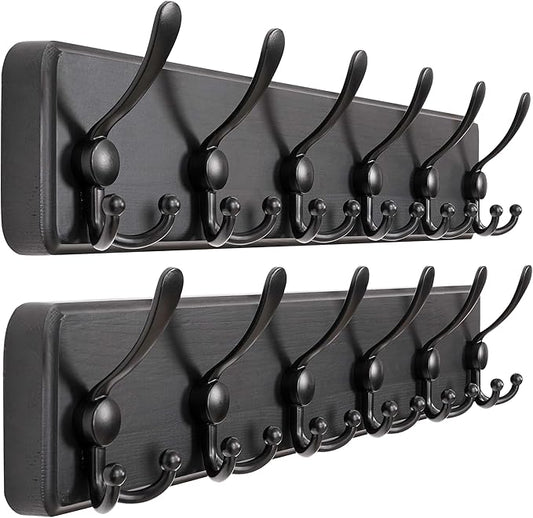 Dseap Coat Rack Wall Mounted - 24" Long 6 Tri Hooks, Heavy Duty Wooden Wall Coat Hanger Coat Hook for Clothes Hat Jacket Clothing, Black, Pack of 2