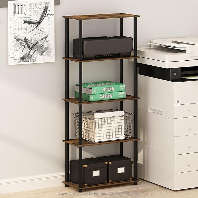 Furinno Turn-N-Tube 5-Tier Multipurpose Shelf Display Rack, Amber Pine/Black-NeatNest