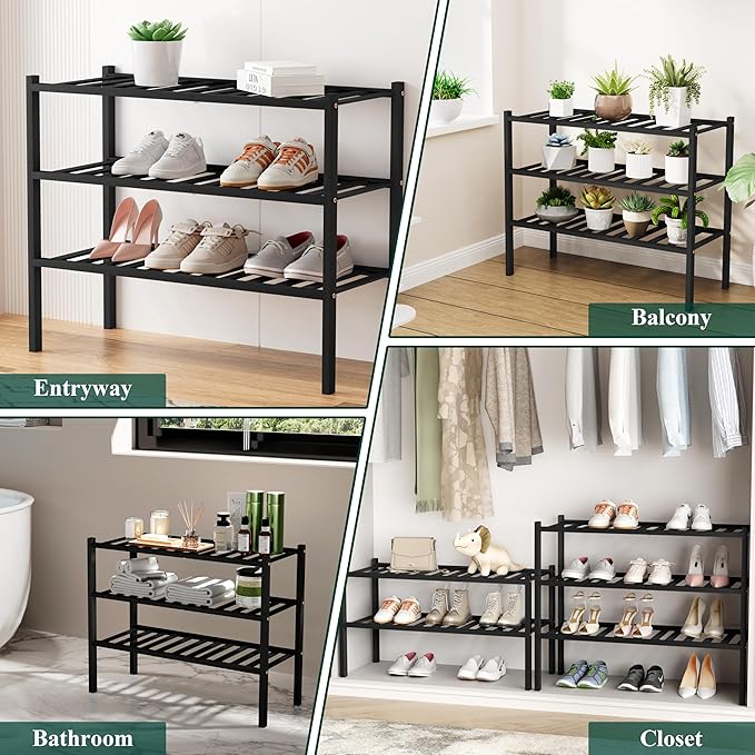Smiry Shoe Rack, 4 Tier Bamboo Shoe Organizer, Stackable Free Standing Wooden Shoe Storage Shelf for Closet, Entryway, Front Door Entrance, Black-NeatNest