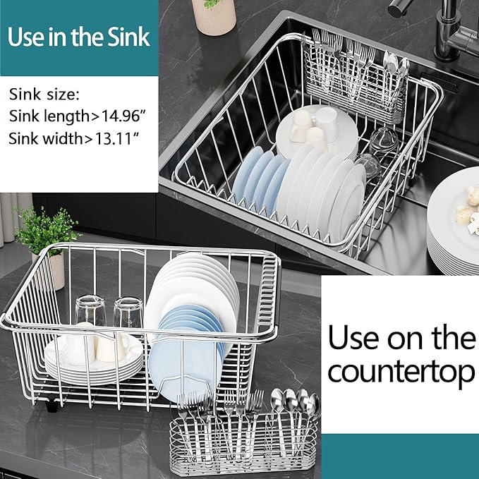 Large Dish Drying Rack in Sink Expandable, Adjustable304 Stainless Steel Metal Dish DrainerRack Organizer with Stainless Steel Utensil Holder Over Inside Sink Counter, Rustproof