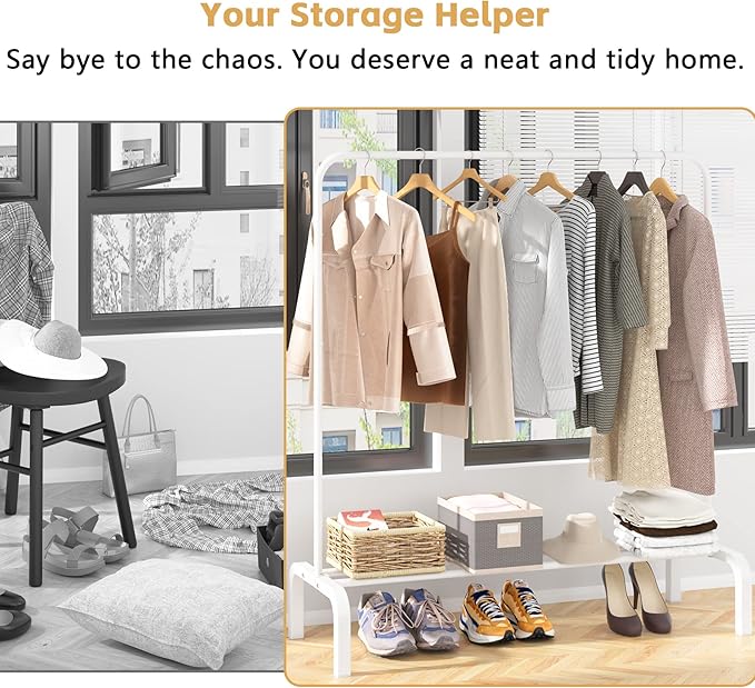 Clothes Rack Metal Clothing Rack with Bottom Shelf Garment Rack for Hanging Clothes Shirts Jeans and Coats White-NeatNest
