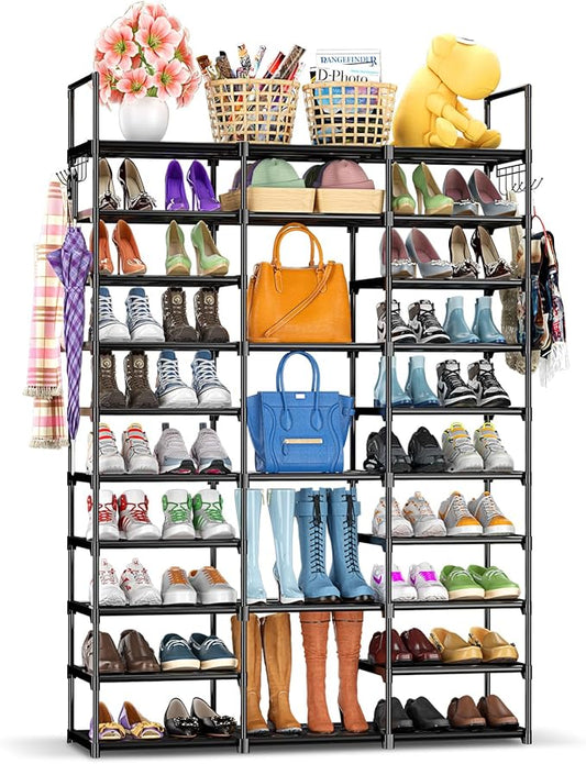 Kottwca 3 Row 10 Tier Large Shoe Rack Organizer for Closet Entryway, 60-65 Pair Shoe Boot Storage Rack, Metal Shoe Shelf Tall Vertical Stackable Shoe Stand for Bedroom Corner-NeatNest