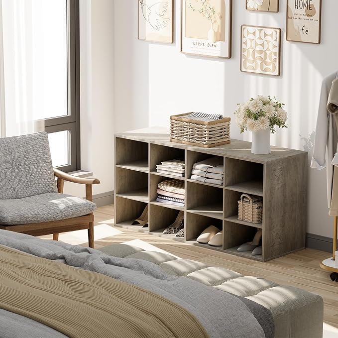 Garden 4 you Shoe Storage Bench, Cubby Shoe Rack with 12 Cubbies, 3-Tier Wood Shoe Rack Organizer, Shoe Organizer Cabinet for Entryway, Hallway, Closet and Garage, Grey-NeatNest