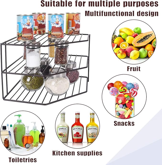 3-Tier Corner Shelf Counter and Cabinet Organizer - Steel Metal Wire - Rust Resistant - Plates, Dishes, Cabinet & Pantry Organizer - Kitchen Organization (10 x 7.5 Inch)(Black)