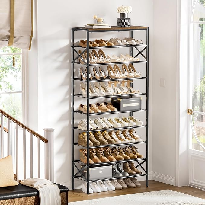 10-Tier Tall Shoe Rack Organizer Shoe Storage for Entryway 30-40 Pairs Metal Shoe Rack for Closet Heavy-Duty Shoe Rack with Wooden Top Shelf for Garage Rustic Brown-NeatNest