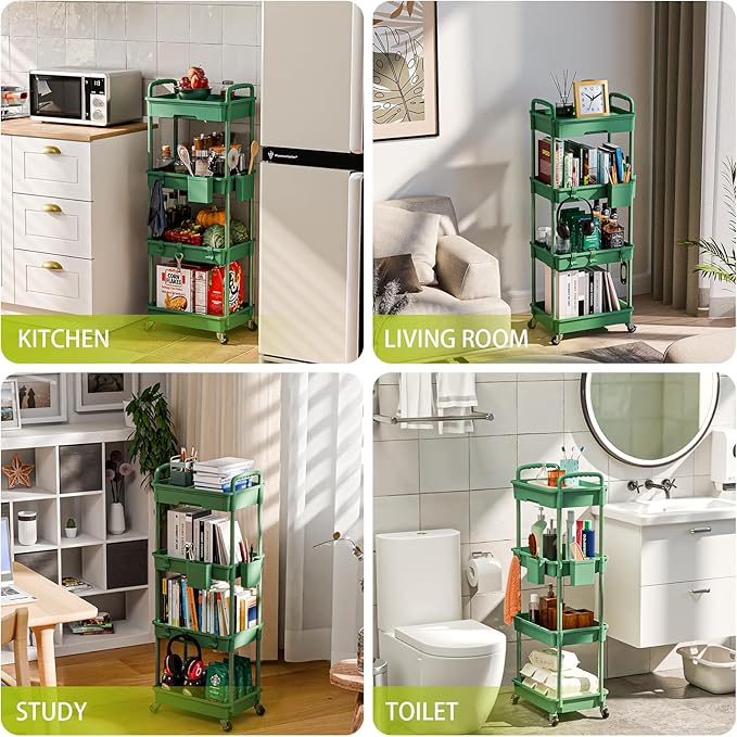 4 Tier Rolling Cart Organizer,Art Craft Diaper Bedside Snack Laundry Room Bathroom Organizer Narrow Thin Slim Rolling Trolley Utility Cart with Wheels for Kitchen,Office(Green)-NeatNest