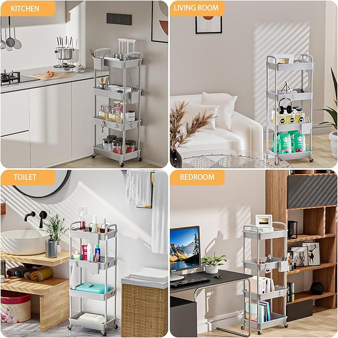 4 Tier Rolling Utility Cart with Handle,REBECAT Utility Cart Made of Multifunctional Storage Organizer Tool for Kitchen,Bathroom,Living Room,Office(Gray)-NeatNest