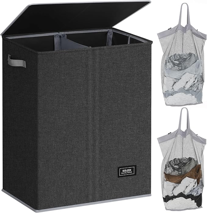 SOLEDI Double Laundry Hamper with Lid, 130L Clothes Hamper 2 Section, Laundry Basket with Removable bag, Bed room decor aesthetic, laundry room organization, Home and dorm room essentials-NeatNest