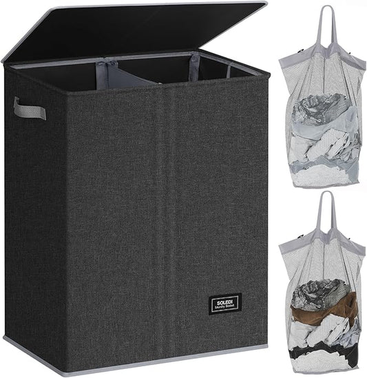 SOLEDI Double Laundry Hamper with Lid, 130L Clothes Hamper 2 Section, Laundry Basket with Removable bag, Bed room decor aesthetic, laundry room organization, Home and dorm room essentials-NeatNest