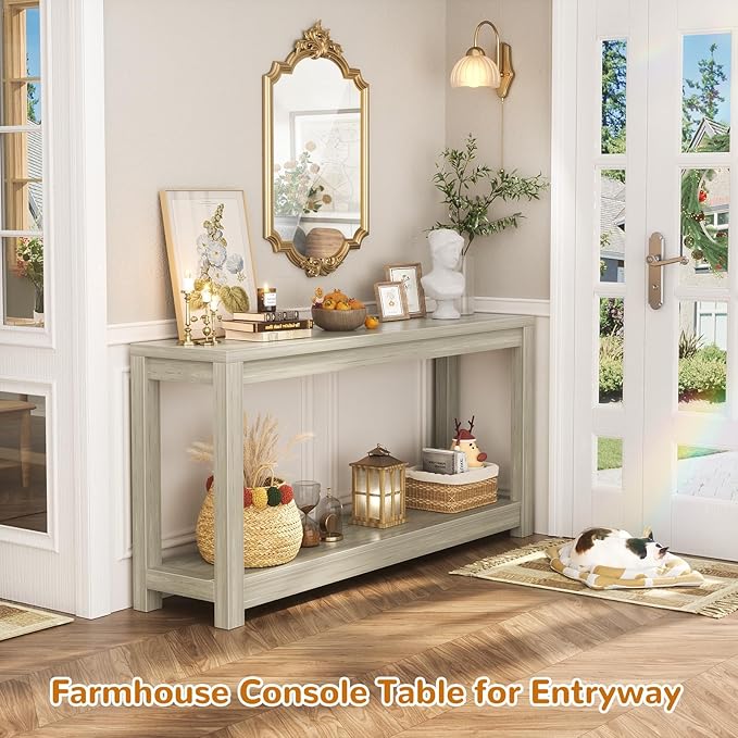 47" Farmhouse Wood Entryway Table Narrow Console Table with Storage Behind Couch Sofa Table with Shelves Entry Way Table with Open Storage, Easy Assembly, Classical Washed Oak-NeatNest