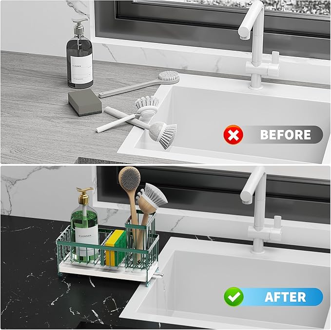 Cisily Sponge Holder for Kitchen Sink, Sink Caddy Organizer with High Brush Holder, Countertop Organizers and Storage Rustproof 304 Stainless Steel, Dark Green Kitchen Decor and Accessories-NeatNest
