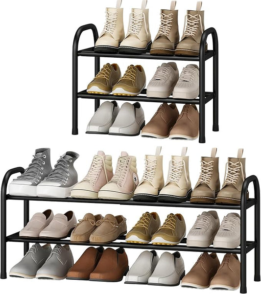 STO STO Expandable Shoe Rack, 2-Tier Metal Small Shoe Rack for Closet, Up to 12 Pairs Adjustable Shoe Rack Storage for Front Door Entrance, Free Standing Shoe Rack Organizer for Entryway, Black-NeatNest