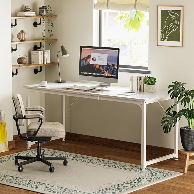 Huuger Computer Desk, 70 Inch Office Desk, Gaming Desk with Storage, Writing Desk Work Desk for Home Office, Study, Long Simple Desk, Large Legroom, Metal Frame, White-NeatNest