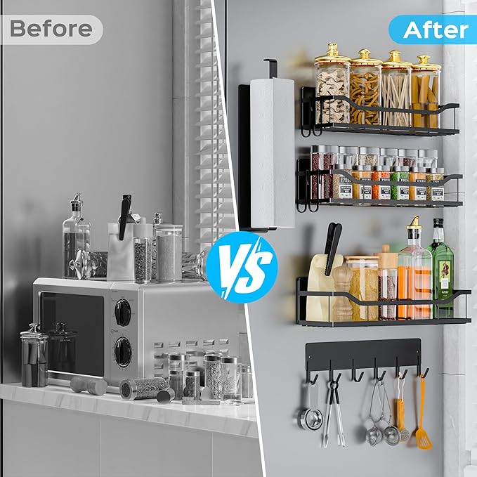 5 Pack Magnetic Shelves for Washing Machine & Refrigerator, Paper towel holder, Movable Powerful Magnetic Spice Racks with Unique Hollow Design, for Laundry Room and Kitchen Organization (Black)