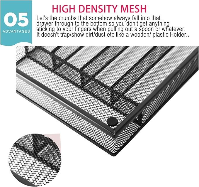 JANE EYRE Utensil Drawer Organizer, Cutlery Tray Silverware Flatware Storage Divider for Kitchen, Mesh Wire with Non-slip Foam Feet, 5 Component, Black-NeatNest