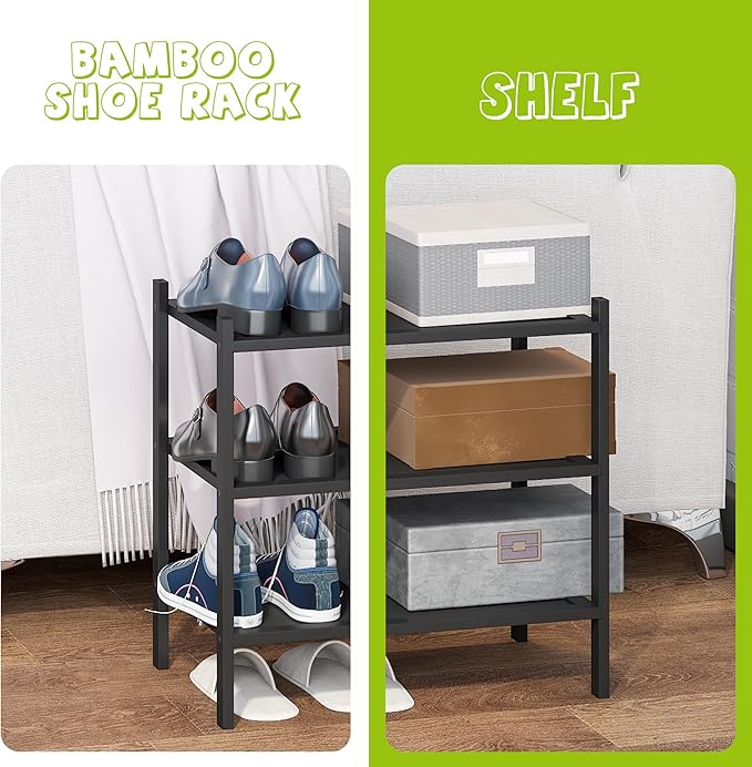 BMOSU 3-Tier Bamboo Small Shoe Rack Premium Stackable Shoe Shelf Storage Organizer for Hallway Closet Living Room Entryway Organizer(Black)-NeatNest