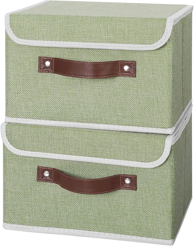 ANMINY 2PCS Storage Bins with Lid PU Leather Handles Storage Boxes PP Plastic Board Decorative Foldable Lidded Cotton Linen Fabric Home Cubes Baskets Closet Organizer Containers - Green, Small Size-NeatNest