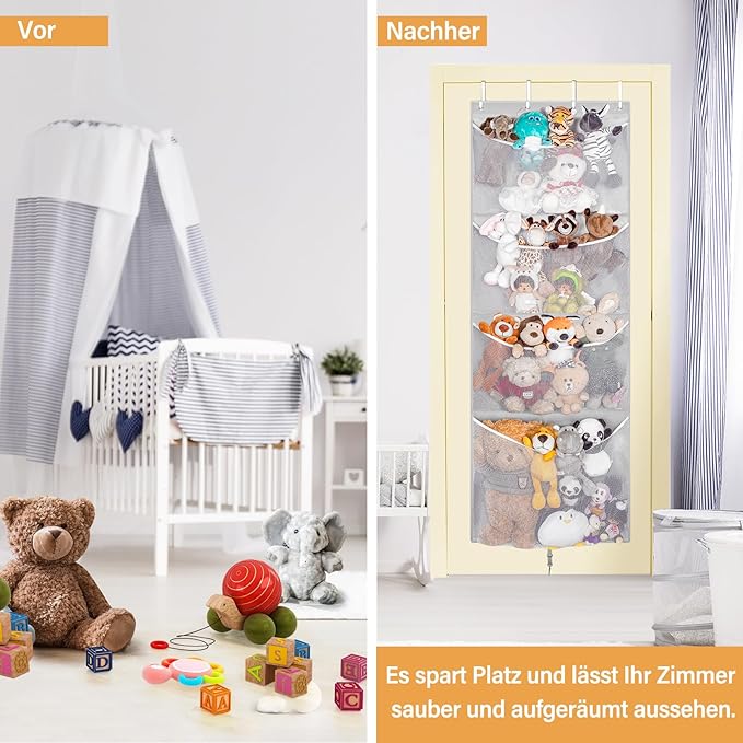 Hanging Stuffed Animal Storage, Over Door Large Plush Toy Organizer with Metal Hook, Baby Accessory Holder Idea for Nursery, Doll & Bear Mesh Hammock Bag for Girl Boy Kid Room-NeatNest