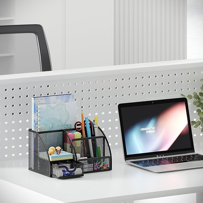 EasyPAG Mesh Desk Organizer, Multi-functional Stationery Organizer for School Supplies, Office Pen Holder for Desk, 6 Compartments Dorm Organization with Drawer, Black