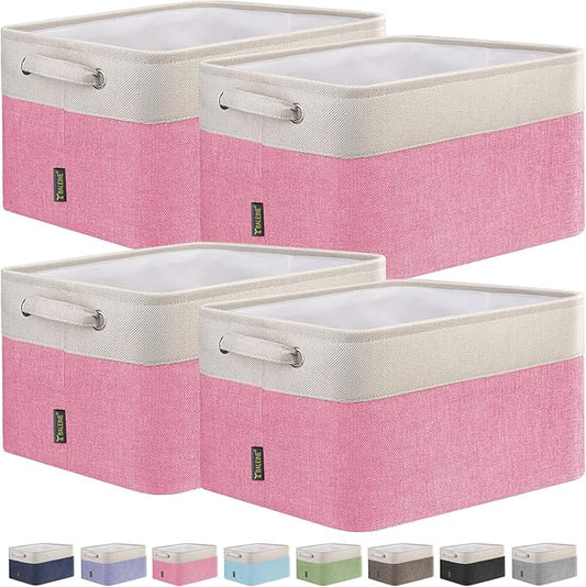 BALEINE 4 Pack Fabric Storage Bins for Shelves, Linen Storage Baskets for Organizing, Decorative Closet Bins for Clothes, Home (Pink, 12"x8"x8")-NeatNest
