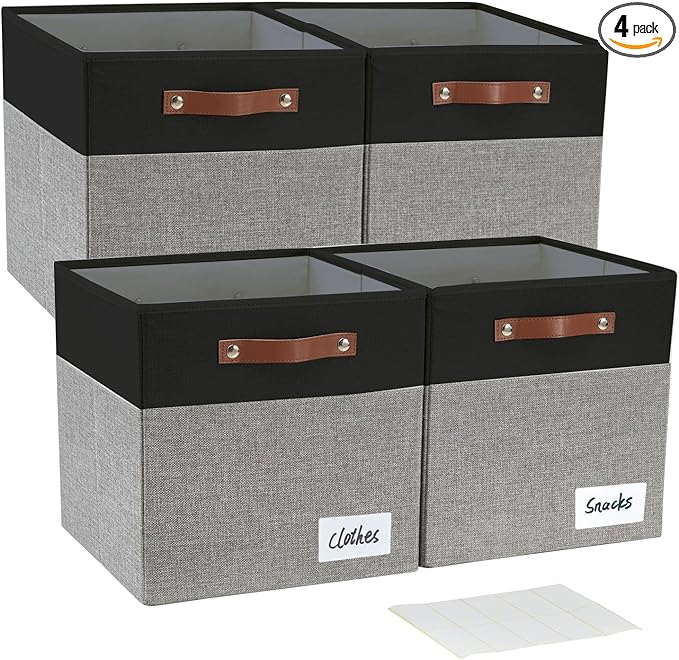 Collapsible Fabric Storage Cube Bins with 2 Reinforced PU Handles, Foldable Storage Organizer Baskets for Closet, Shelves, Living Room | 13"x13"x13", 4 Pack, Black & Gray-NeatNest