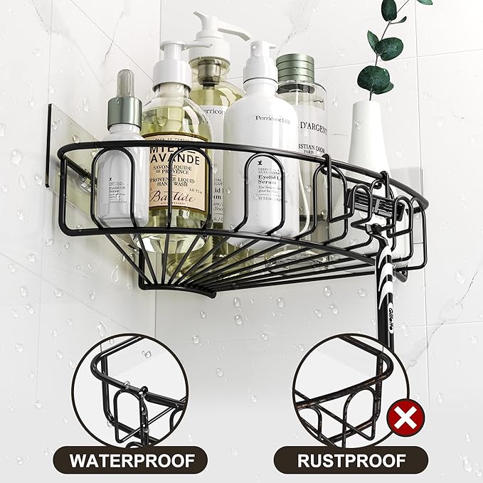 Orimade Corner Shower Caddy with 2 Hooks Wall Mounted Metal Bathroom Shelf Storage Organizer Adhesive No Drilling 2 Pack, Black Only for 90-Degree Corner