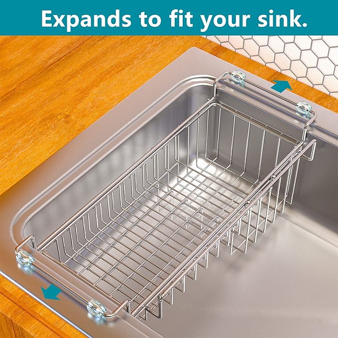 Over The Kitchen Sink Caddy Sponge Holder Organizer Drying Rack Expandable for Sponge Brush Soap Dish Cloth Rag 14.5" to 22", Stainless Steel