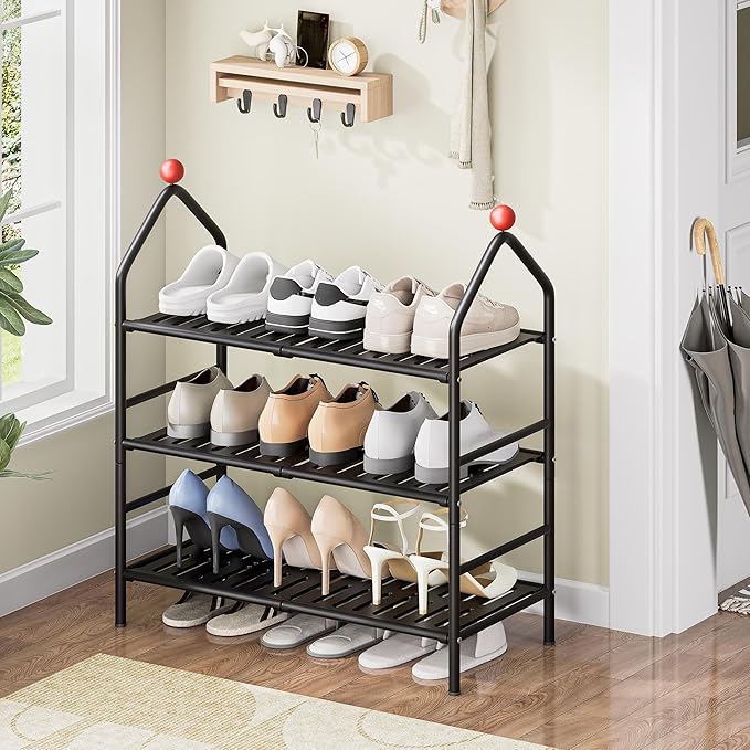 Shoe Rack, 3-Tier Shoe Organizer, Metal Storage Shelf, Shoe Rack for Closet, Free Standing Shoe Racks for Entryway, Garage & Doorway, Sturdy Shoe Shelves, Black-NeatNest