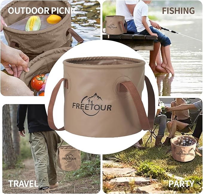 Baiao Collapsible Bucket 5 Gallon, Portable Collapsible Bucket with Handle, Folding Water Container for Fishing Camping Beach Hiking Home Travel Car Washing(Khaki 20L)-NeatNest
