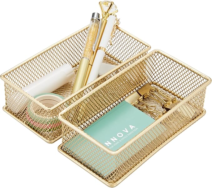 Annova Mesh Stackable Drawer Cabinet and Shelf Organizer Bins Storage Basket School Office Supply Holder Tray- Set of 2 (Gold, 3x6x2 Inch)-NeatNest