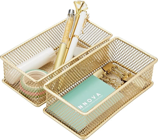 Annova Mesh Stackable Drawer Cabinet and Shelf Organizer Bins Storage Basket School Office Supply Holder Tray- Set of 2 (Gold, 3x6x2 Inch)-NeatNest