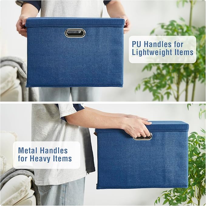 17" Large Collapsible Storage Bins with Lids, Stackable Closet Organizers with PU Handle and Labels, 3-Pack Decorative Fabric Storage Boxes for Home, Bedroom, Closet, Office, Nursery(Navy)-NeatNest