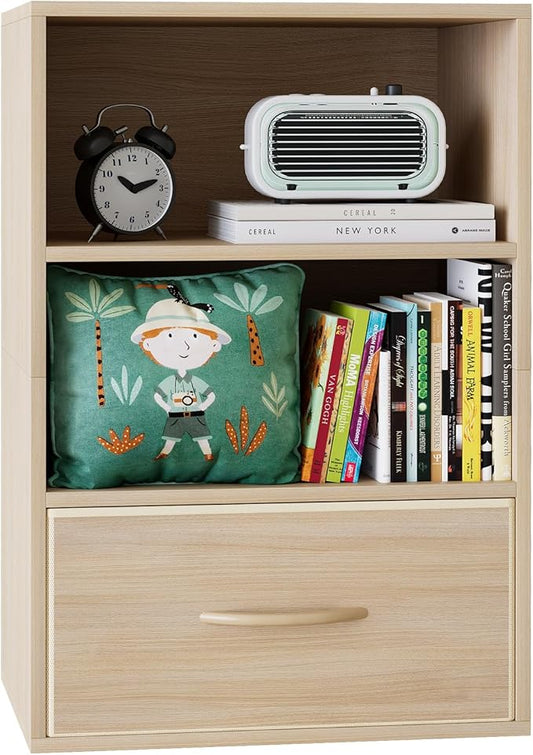 Garden 4 you Cube Storage Organizer Shelf, 3 Tiers Stackable Bookshelf with Drawer, Wooden Display Bookcase with 3 Cube Storage, Small Storage Cabinet for Living Room Bedroom, Natural-NeatNest