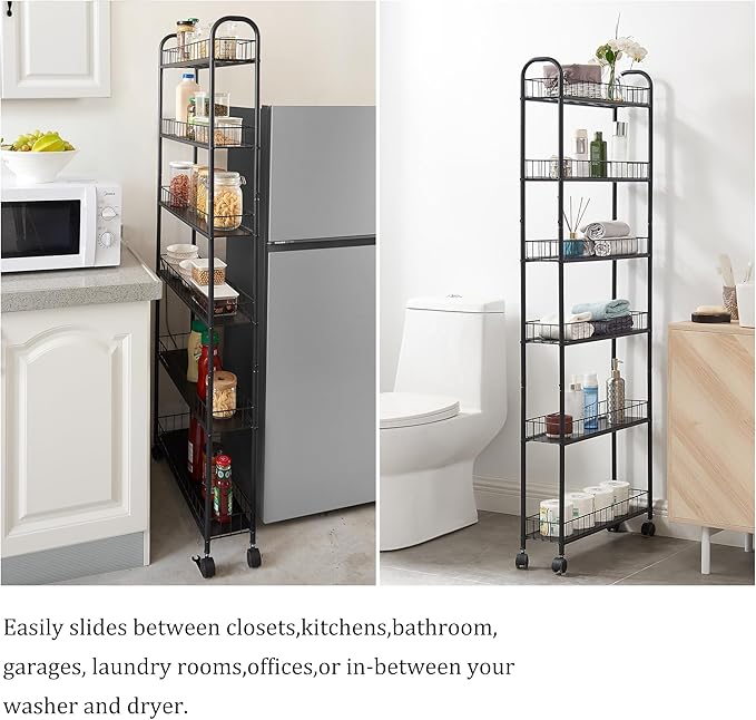 6-Tier Storage Cart Wire Slim Shelving Shelf with Wheels for Small Spaces, Rolling Tall Organizer Storage for Bathroom, Kitchen, Home, Garage, Bedroom, Closet (Black, 6" D)