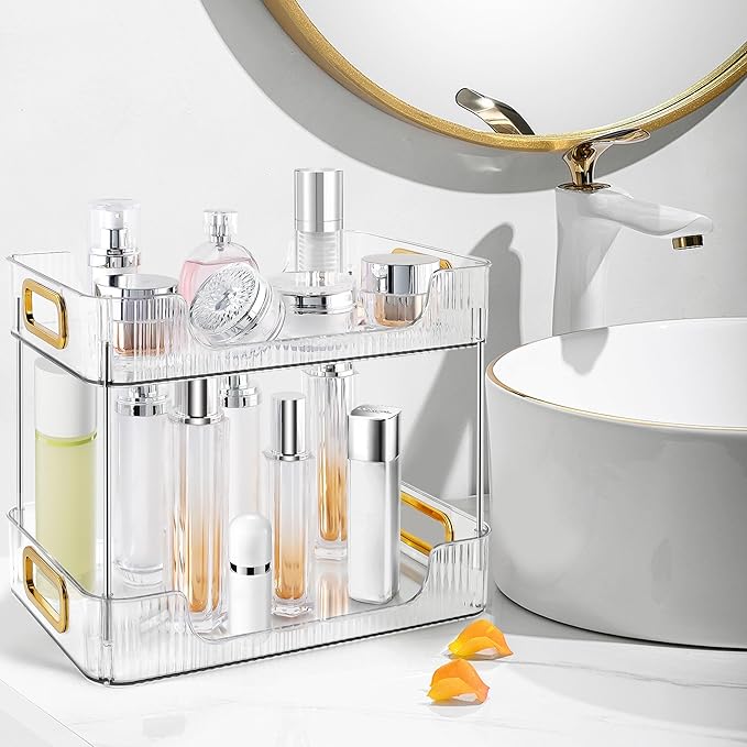 2-Tier Bathroom Counter Organizer Countertop Storage, Dresser Organizer Vanity Tray for Makeup, Perfume Organizer Cosmetics Skincare Shelf - Clear-NeatNest