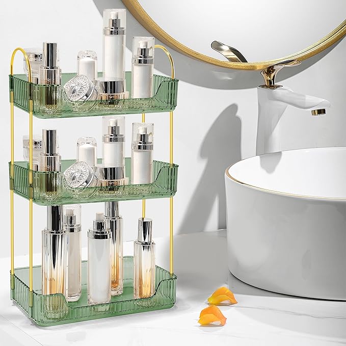 Bathroom Counter Organizer Countertop Storage Skincare Countertop Makeup Organizer Cosmetics Skincare Organizers Holder for Perfume-Green-Golden Pole-3 Tier-NeatNest