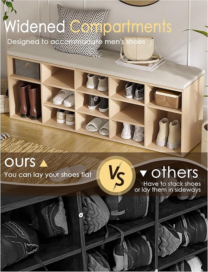 DINZI LVJ Shoe Storage Bench with Cushion, 15-Cubby Shoe Rack, Adjustable Shelves, Long Shoe Organizer Bench for Entryway, Mudroom, Hallway, Living Room, Bedroom and Garage, Natural-NeatNest