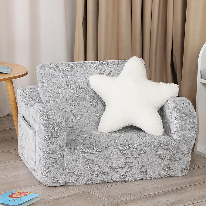 Dinosaur Glow in The Dark Toddler Couch, 2-in-1 Toddler Soft Couch Fold Out with Star Pillow, Convertible Sofa to Lounger for Girls and Boys, 1-Seat-NeatNest