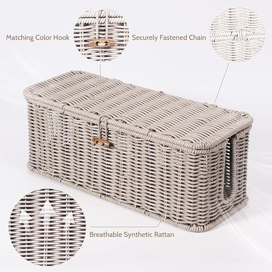 BROWNLILY Cable Management Box, Rattan Style Cord Organizer for Desk Cord Hider Outlet Covers Baby Proofing for Power Strip TV PC Router Charger Under Desk Storage with Lockable Lid and Cable Ties-NeatNest