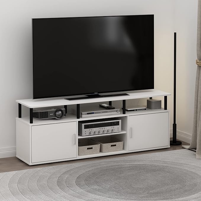 Furinno Jensen Entertainment Center Stand for TV up to 70 Inch, Plastic Pole, Solid White/Black-NeatNest