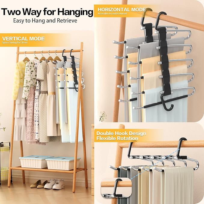 Pants Hangers Space Saving - 2 Pack Closet Organizer and Storage Jean Hangers, Stainless Steel Anti-Slip Clothes Hanger Scarf Holder for Pants Jeans Leggings Trousers Pant Rack, Black-NeatNest