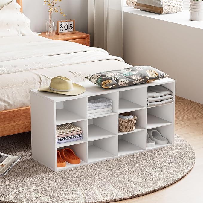 12-Cubby Shoe Rack, 3-Tier Wood Shoe Organizer, Multifunctional Shoe Organizer Bench for Entryway, Mudroom, Hallway, Closet,36.22 * 11.81 * 17.72 Inch,White-NeatNest
