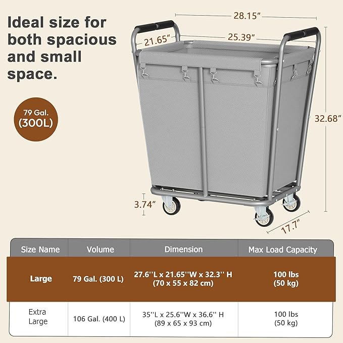 Hoctieon Large Laundry Cart with Wheels, 300L Heavy Duty Laundry Basket Organizer, Rolling Hamper Sorter for Clothes Storage, Industrial Dirty Clothes Hamper for Home & Hotel, Gray-NeatNest
