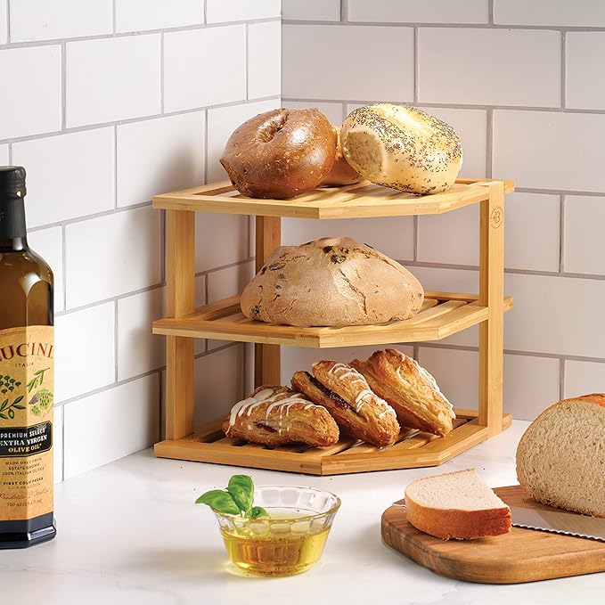 Cabinet Organizer Shelf - Bamboo Corner Rack for Kitchen Counter, Cabinet Space Saver for Plates, Dishes, Bowls, Bread - Pantry and Bathroom Storage or Countertop - Useful Home & Housewarming Gift-NeatNest