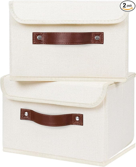 ANMINY 2PCS Storage Bins with Lid PU Leather Handles Storage Boxes PP Plastic Board Decorative Foldable Lidded Cotton Linen Fabric Home Cubes Baskets Closet Organizer Containers - Beige, Small Size-NeatNest
