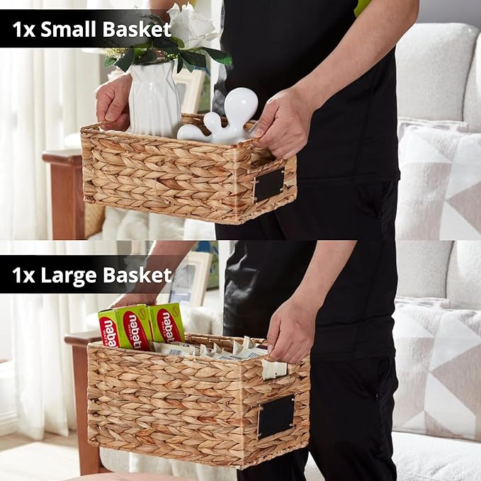 DECOMOMO Wicker Storage Baskets, Handwoven Pantry Baskets, Water Hyacinth Storage Baskets w/Chalkboard and Marker (Natural, Set of 2)-NeatNest